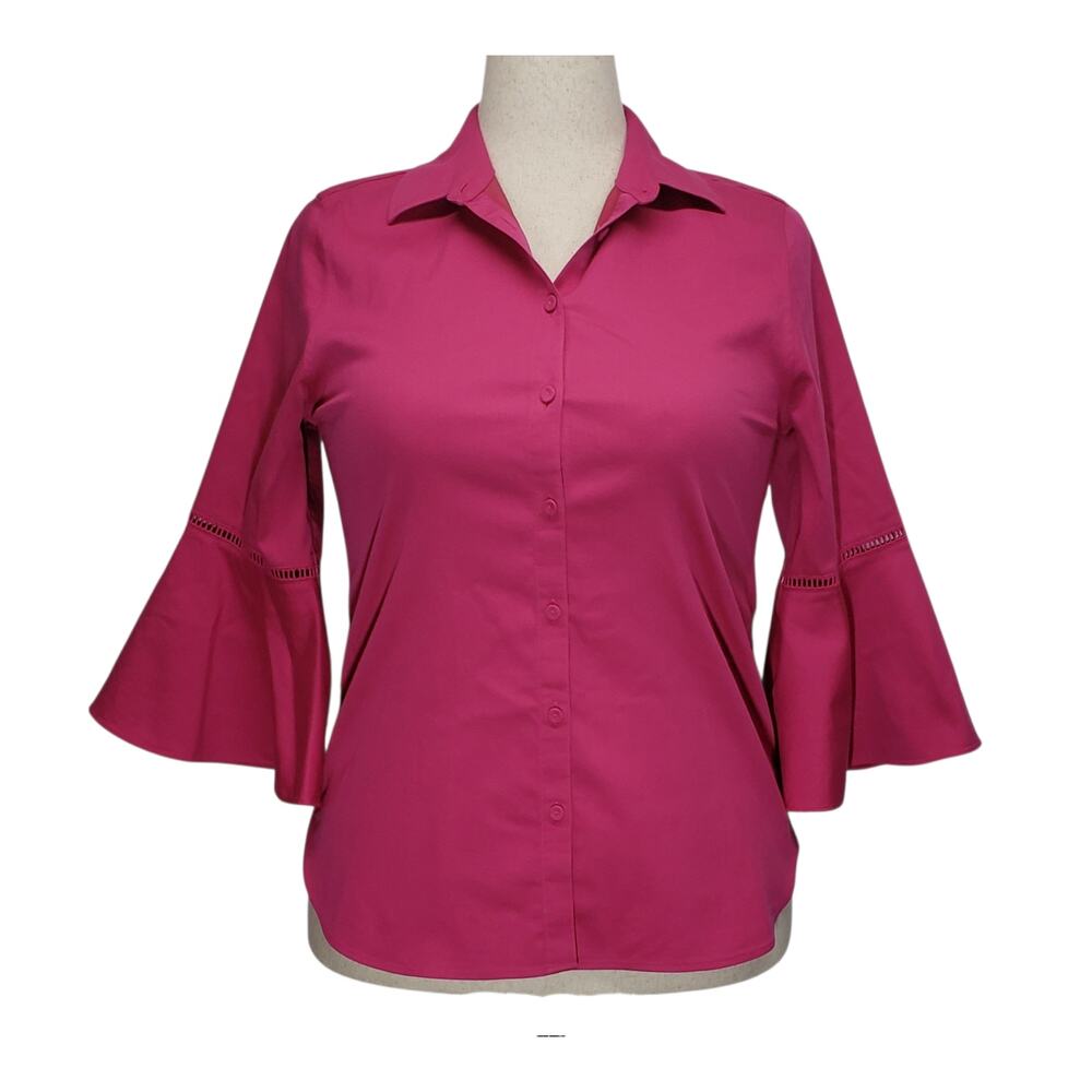 Chico’s Dark Pink Bell Sleeve Button Blouse L 12 Office Siren Coastal Casual